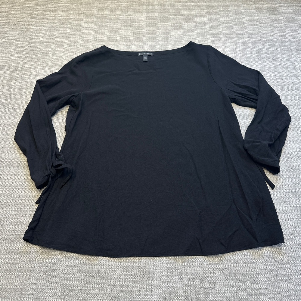 Eileen Fisher Shirt XXS Black 100% Silk Long Sleeve Tie Cuff Tunic Minimalist